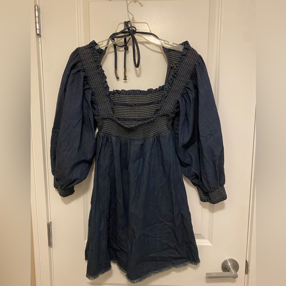 Free People This Is Everything denim Smocked Tie Neck Mini Dress M - Picture 9 of 12